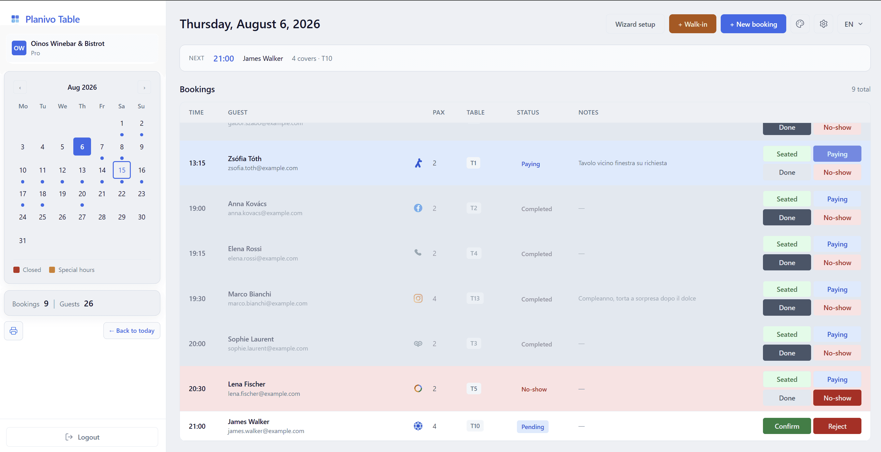 Planivo Table dashboard showing a day's bookings