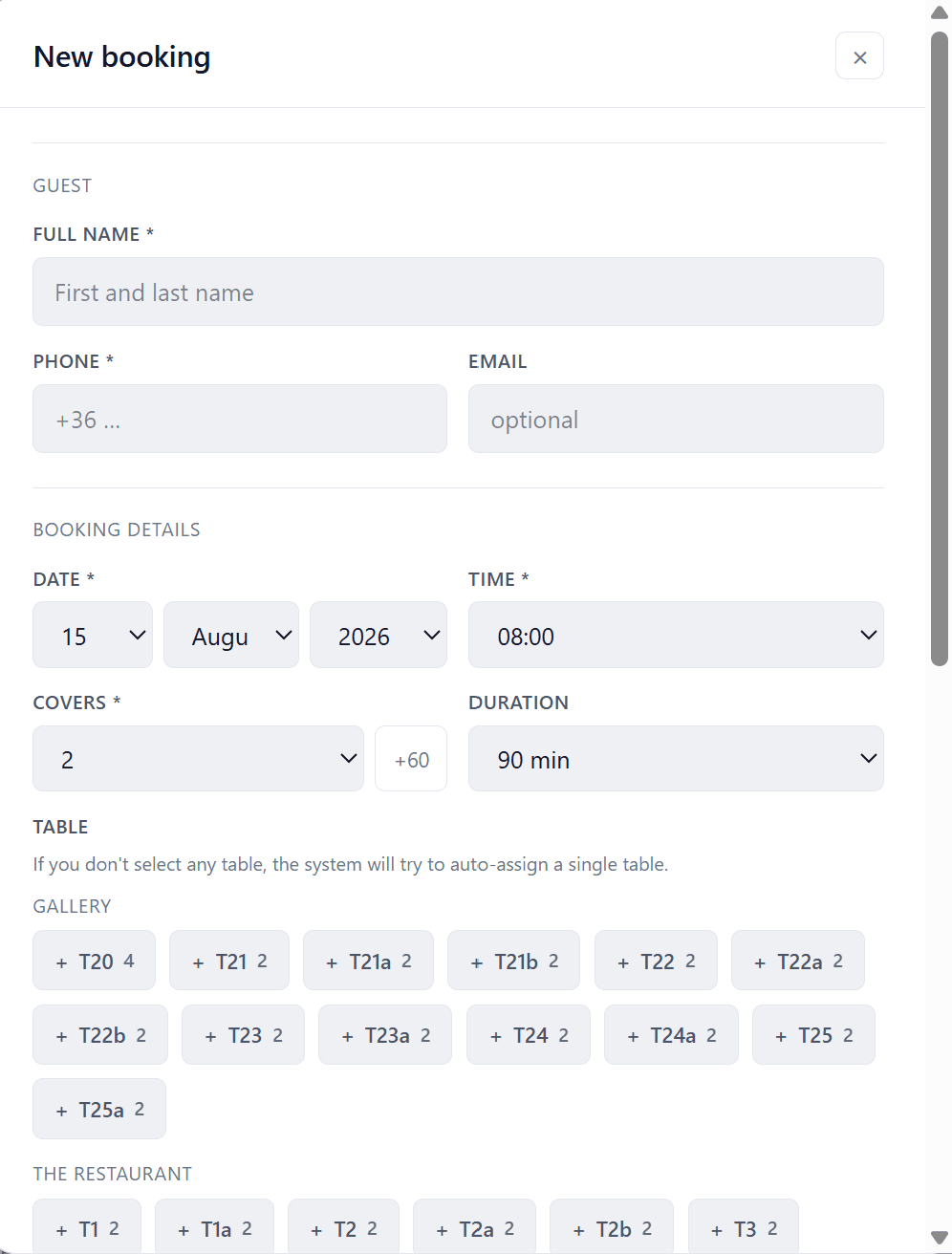 New booking form