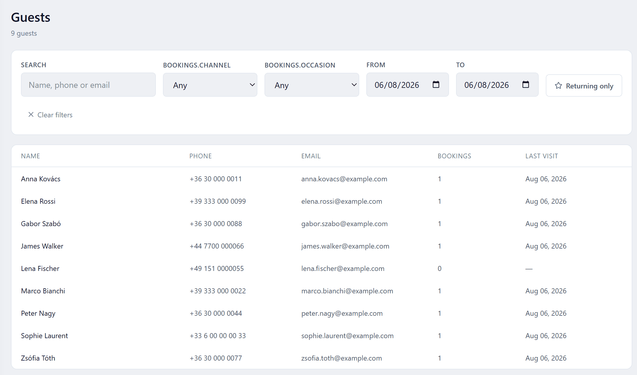 Guest list with search and filters